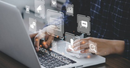 PPC Advertising: Digital Marketing Visualization for Growing Your Practice Hands typing on a laptop with digital marketing icons representing PPC Advertising